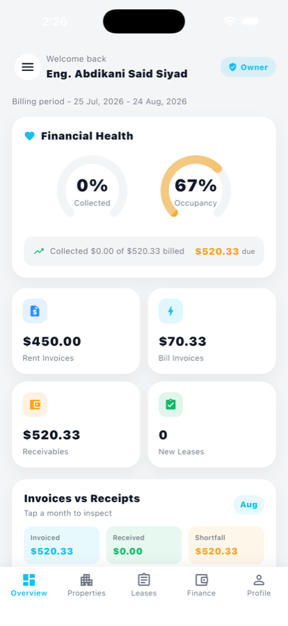 Lansan owner portal overview with collection rate and occupancy